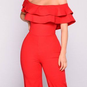 One shoulder Ruffle Red Jumpsuit SZ Small
